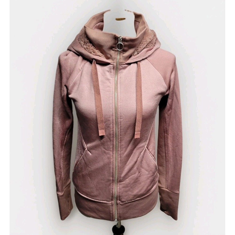 Athleta Triumph Luxe Shine Pink Full Zip Fleece Sherpa Lined Hoodie Womens XS